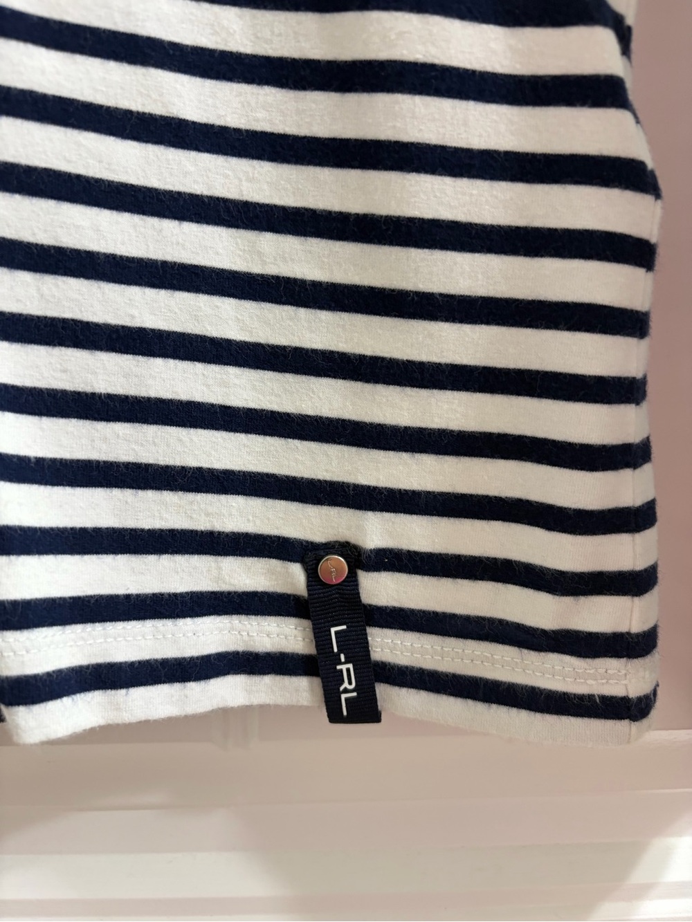 Lauren Ralph Lauren Navy and White Striped V‑Neck Long Sleeve Top with Lime Trim - Picture 4 of 5